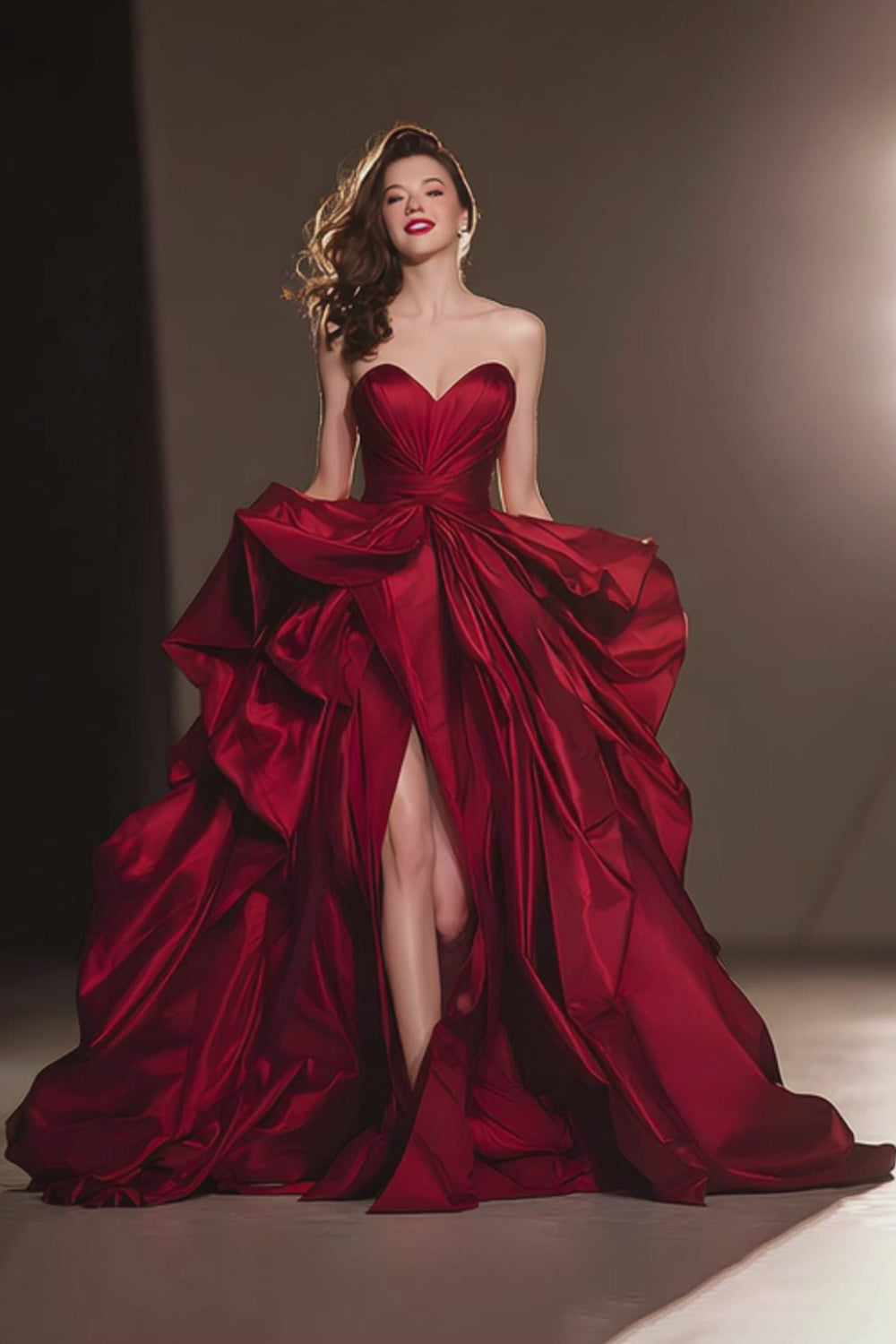 Dark Red Sweetheart Ruffled Ball Gown Long Masquerade Ball Dress with Slit