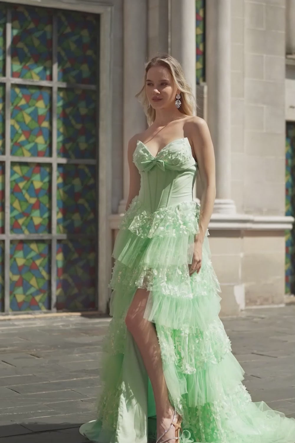 Green Strapless Ruffled Corset Long Prom Dress with Bow