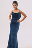 Dark Blue Velvet Spaghetti Straps Backless Long Bridesmaid Dress