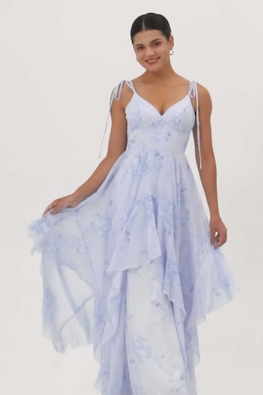 Blue Floral Ruffled Spaghetti Straps Long Chiffon Bridesmaid Dress