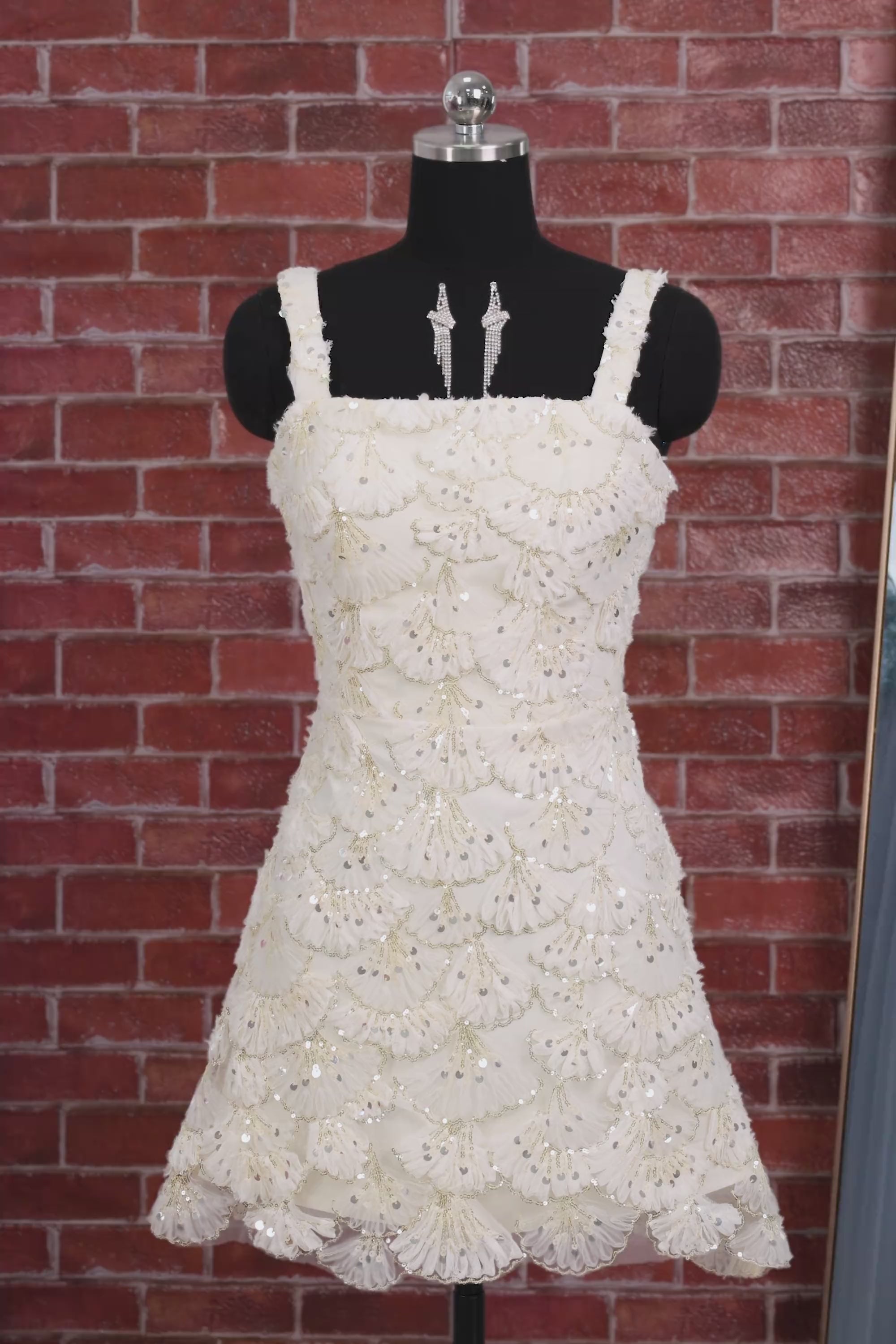 Ivory Sparkly Sequin Floral A Line Short Tight Homecoming Dress