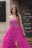 Gorgeous A Line Spaghetti Straps Fuchsia Long Prom Dress with Appliques Ruffles
