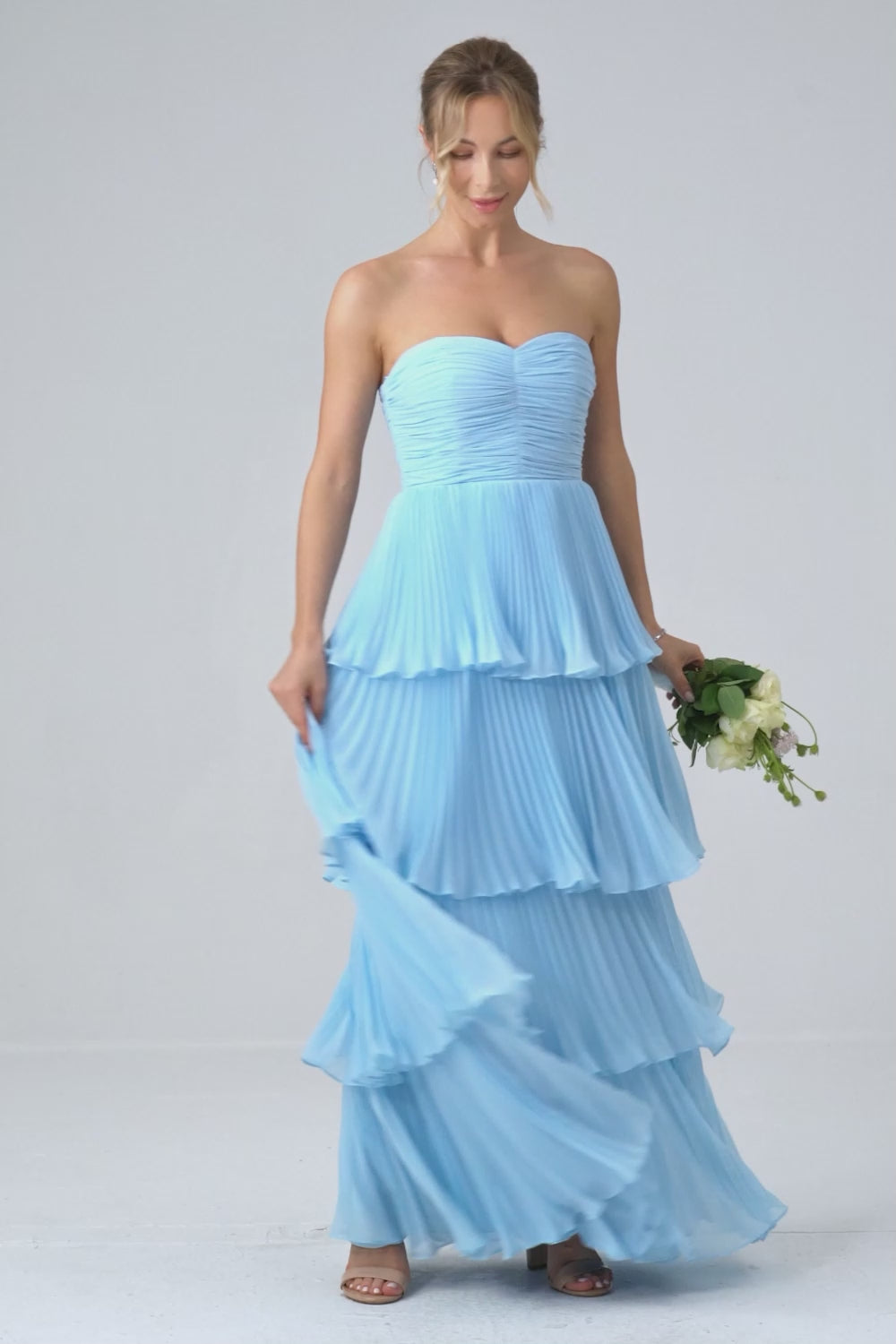 Sky Blue Sweetheart Pleated Tiered Long Bridesmaid Dress