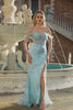 Sparkly Blue Mermaid Off the Shoulder Long Corset Prom Dress with Slit