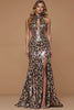 Sparkly Golden Leopard Keyhole Long Mermaid Holiday Party Dress with Slit