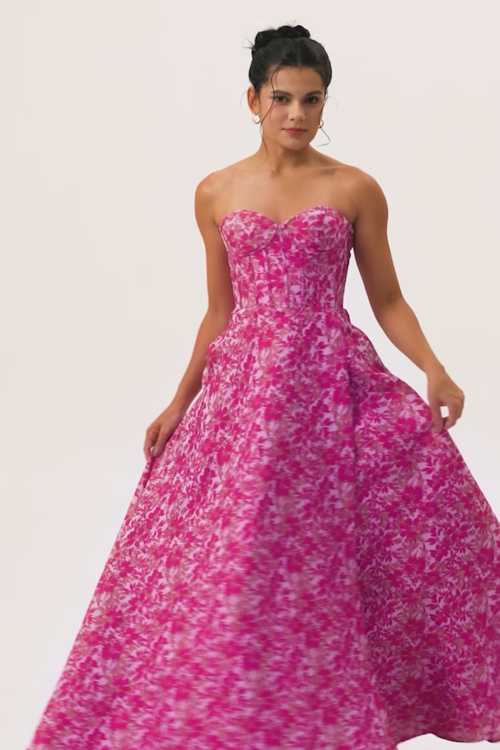 Fuchsia Floral Corset Sweetheart Long Wedding Guest Dress with Slit