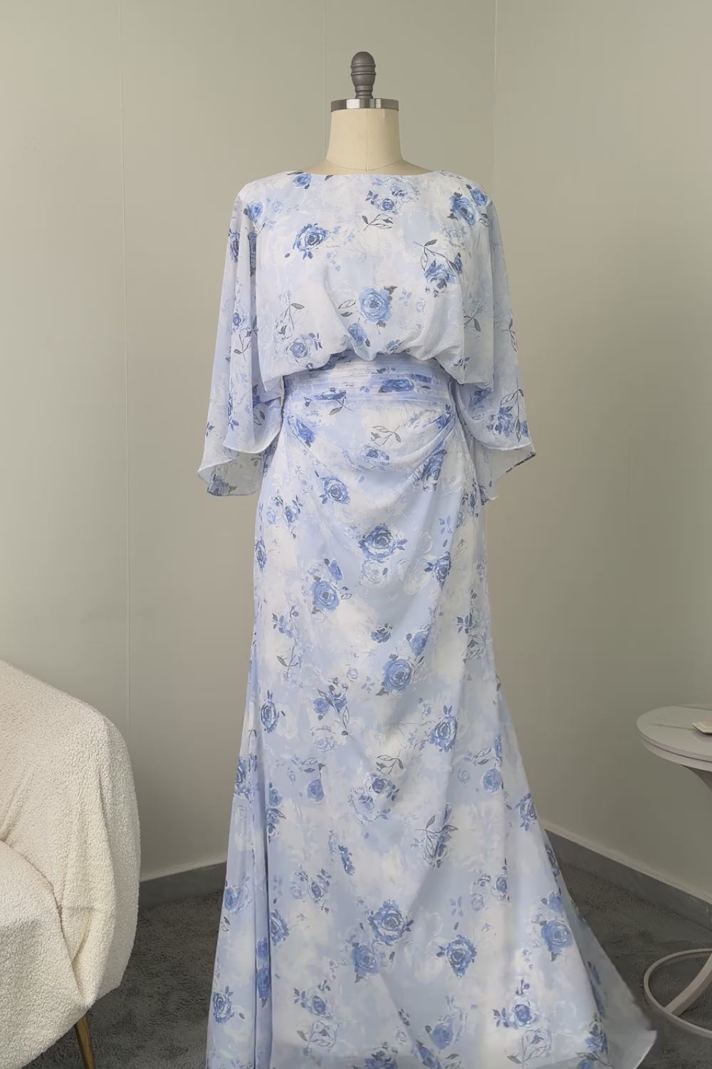 Floral Light Blue Chiffon Sheath Ruched Long Mother of the Bride Dress with Pockets