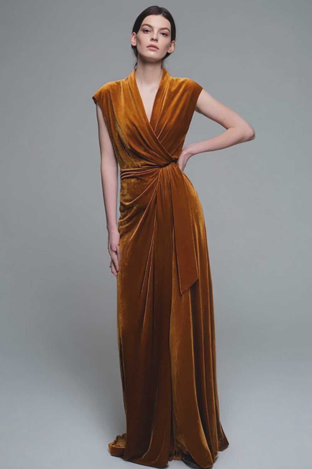 Caramel V-Neck Velvet Ruched Long Holiday Party Dress