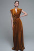 Caramel V-Neck Velvet Ruched Long Holiday Party Dress
