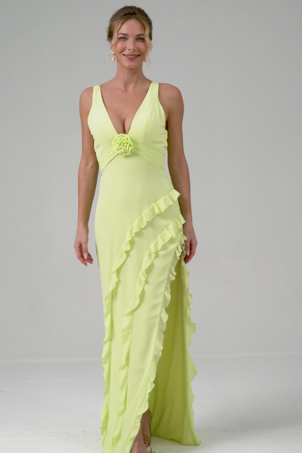 Lime Deep V Neck Ruffles Long Bridesmaid Dress with Slit