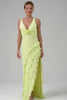 Lime Deep V Neck Ruffles Long Bridesmaid Dress with Slit