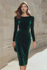 Dark Green Velvet Bodycon Boat Neck Midi Holiday Party Dress