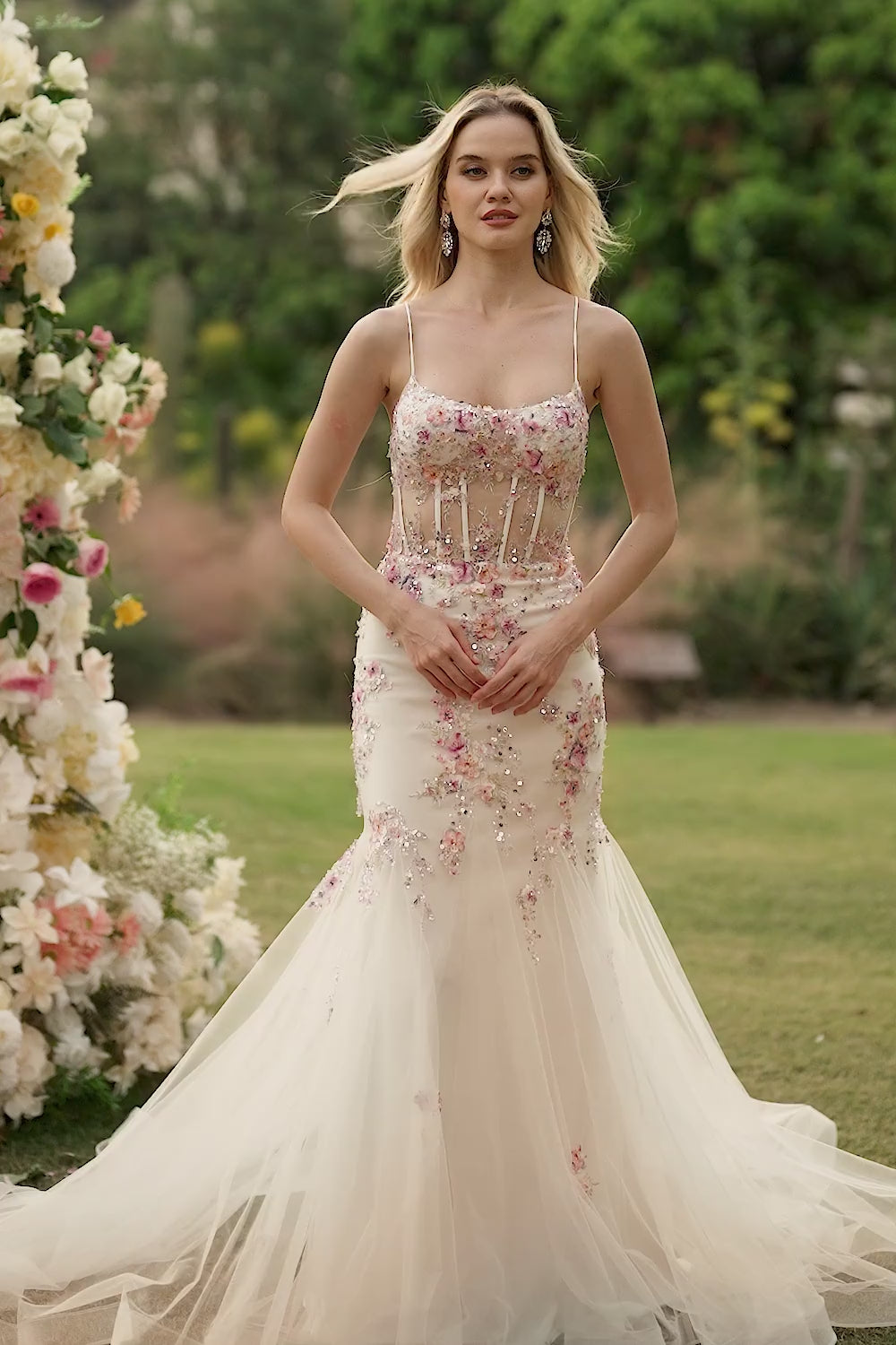 Sparkly Floral White Pink Mermaid Tulle Long Corset Prom Dress with Beading