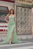 Green Mermaid Spaghetti Straps Floral Long Prom Dress with Slit