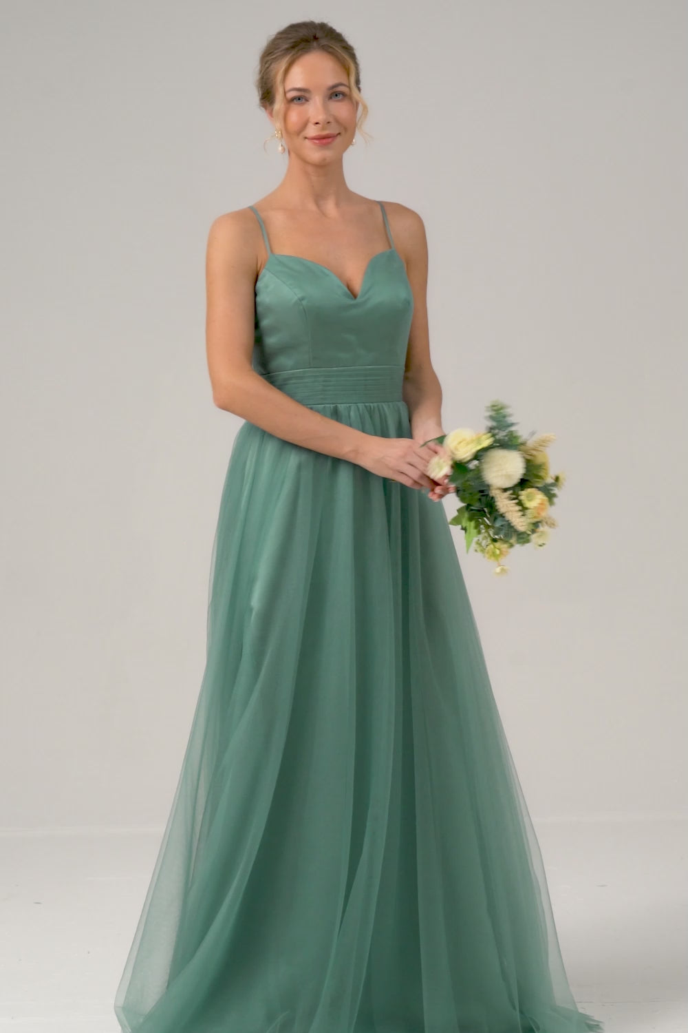 Eucalyptus Spaghetti Straps A-Line Tulle Bridesmaid Dress