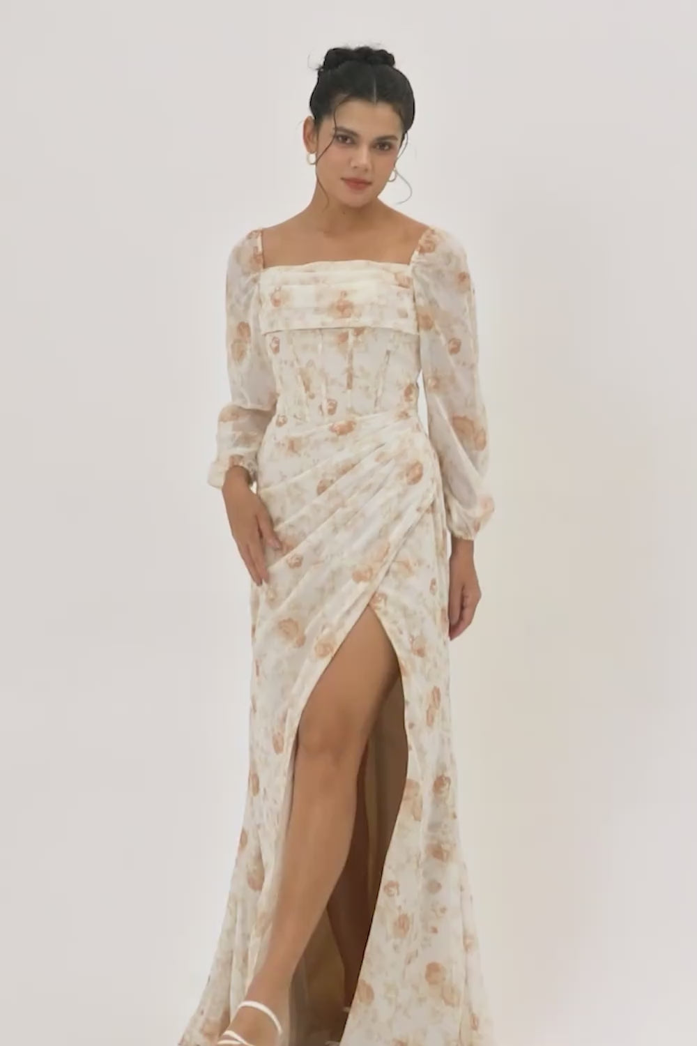 Yellow Corset Floral Long Sleeves Bridesmaid Dress with Slit
