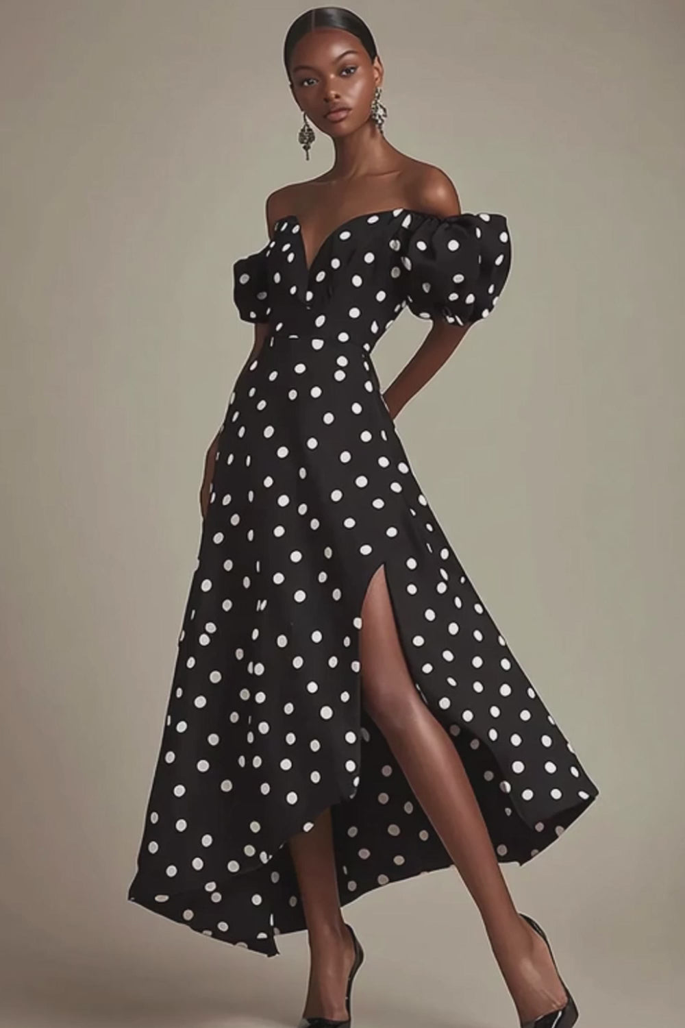 Boho Black and White Satin Puff Sleeves Maxi Polka Dot Dress with Slit