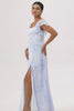 Blue Floral Chiffon Ruffled Scoop Neck Long Bridesmaid Dress with Slit