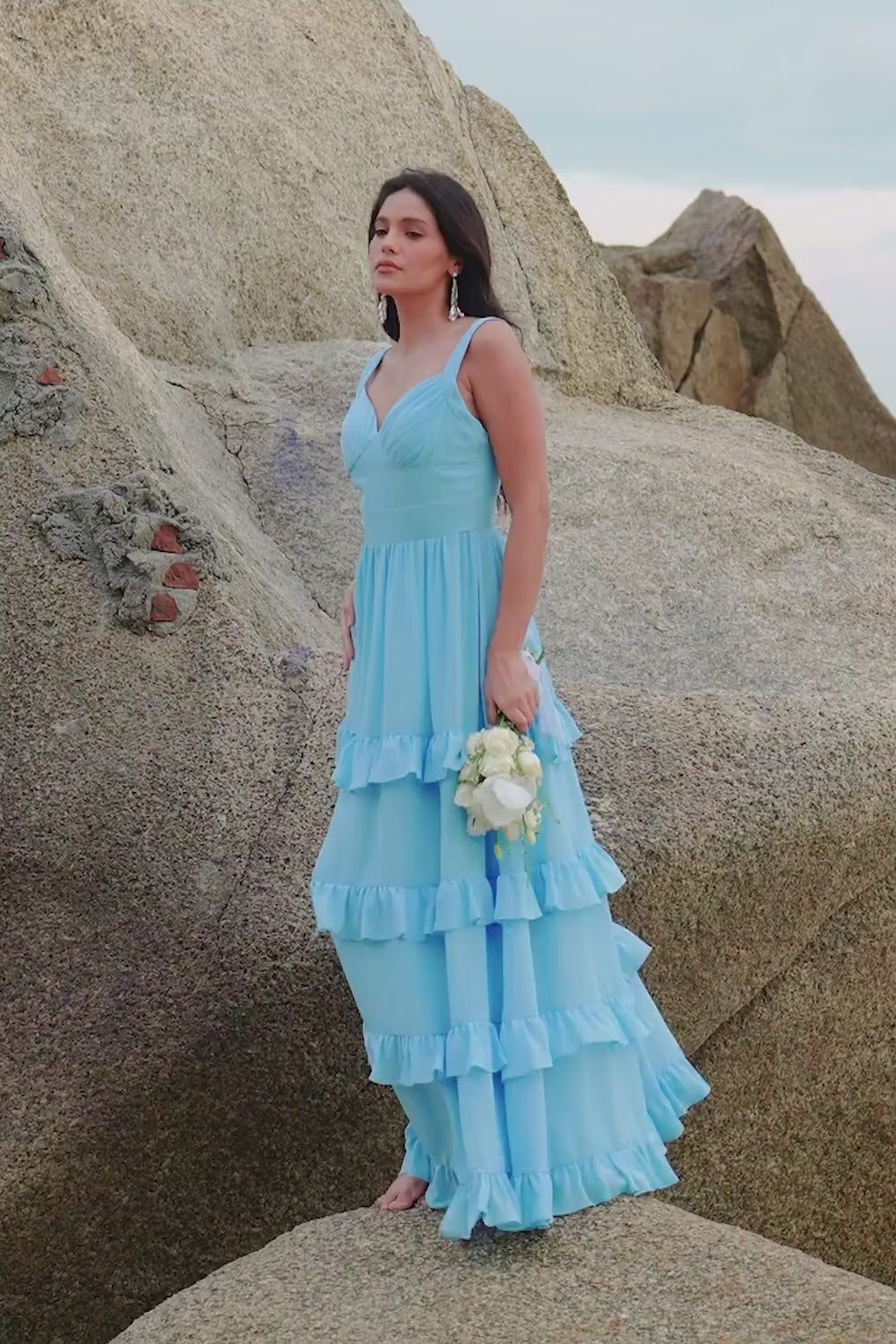 Blue Ruffled A-Line Long Bridesmaid Dress