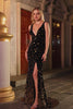 Sparkly Black Golden Sequin Beaded Mermaid V Neck Long Prom Dress