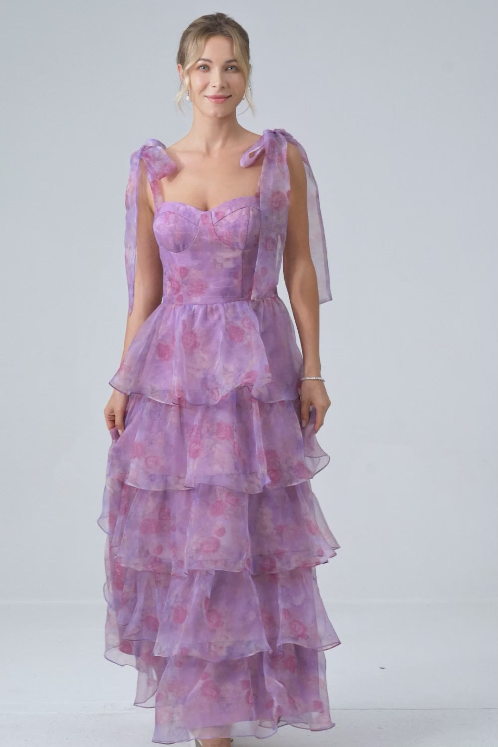 A Line Purple Printed Tiered Tea-Length Long Prom Dress