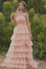 Blush Floral Tulle A Line Tiered Long Corset Prom Dress with Slit