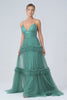 Green Tulle A Line Spaghetti Straps Long Bridesmaid Dress with Ruffles