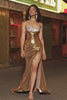 Sparkly Golden Mermaid Strapless Long Beaded Prom Dress with Slit
