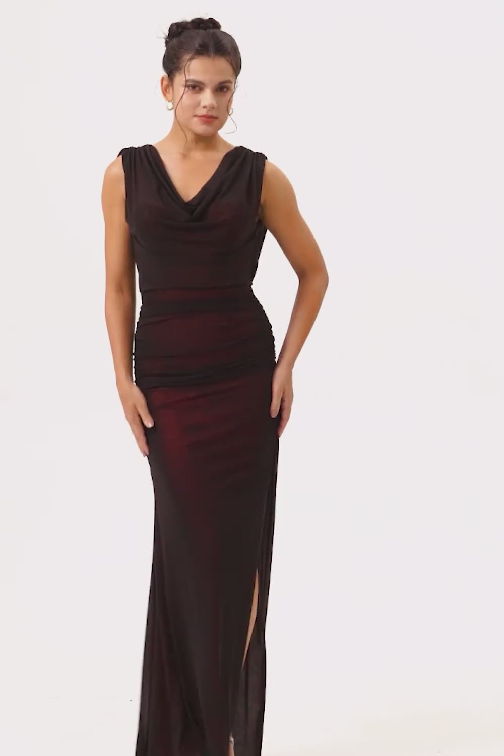Black Red Backless V-Neck Long Bridesmaid Dress with Slit
