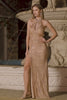 Sparkly Champagne Mermaid Halter Neck Long Prom Dress with Slit