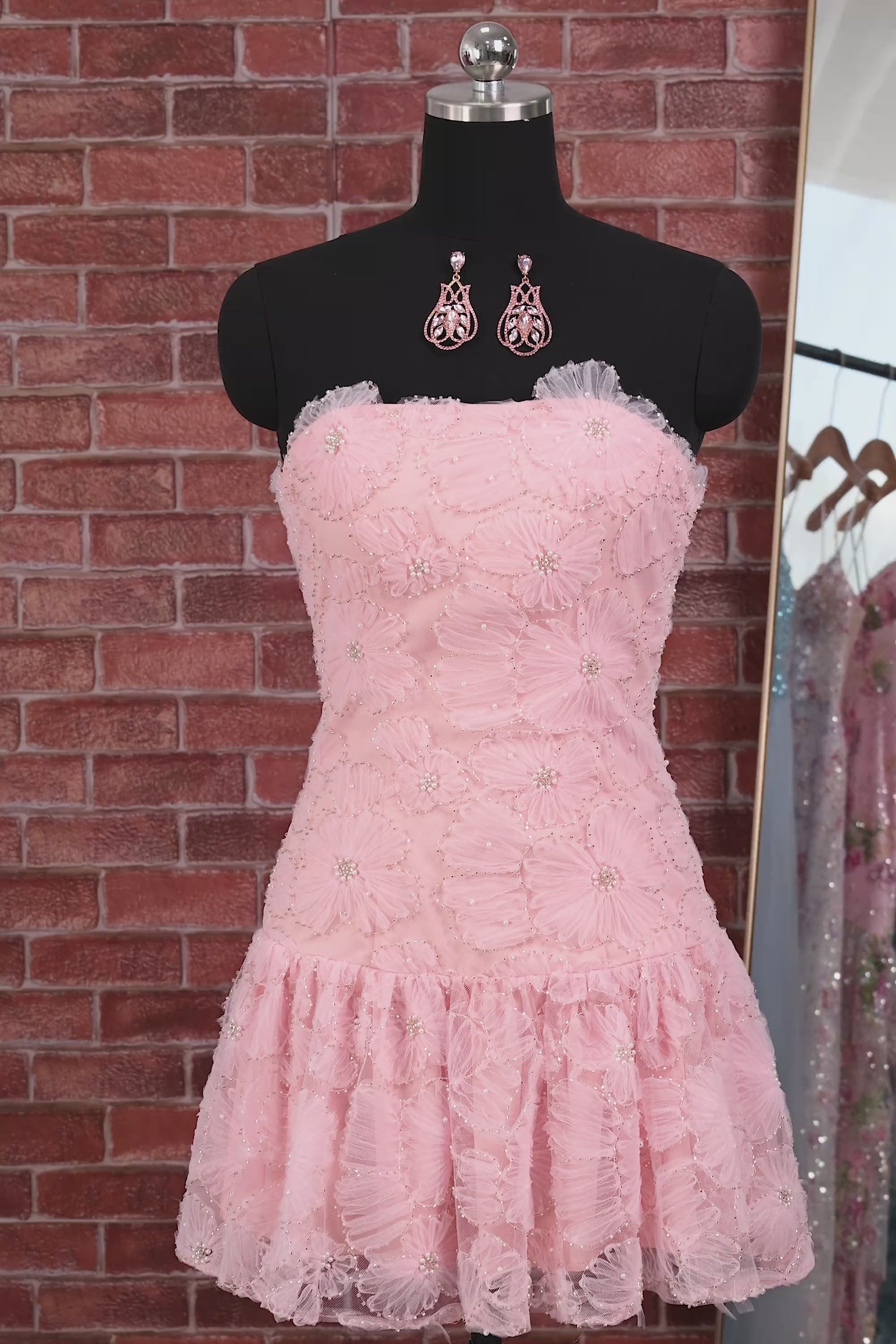 Floral Pink Beaded A-Line Short Homecoming Dress