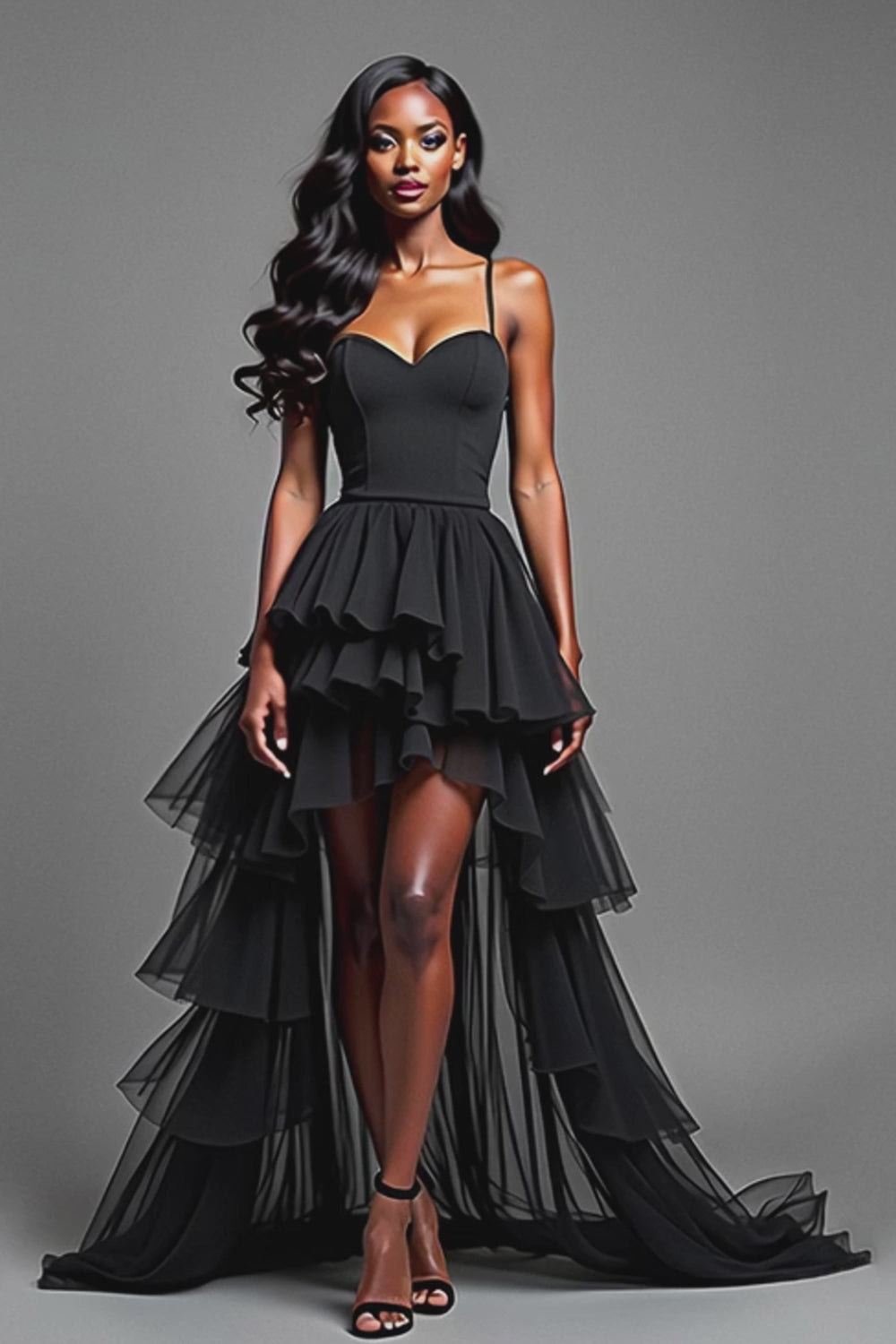 Tiered Long A Line Black Tulle Prom Dress