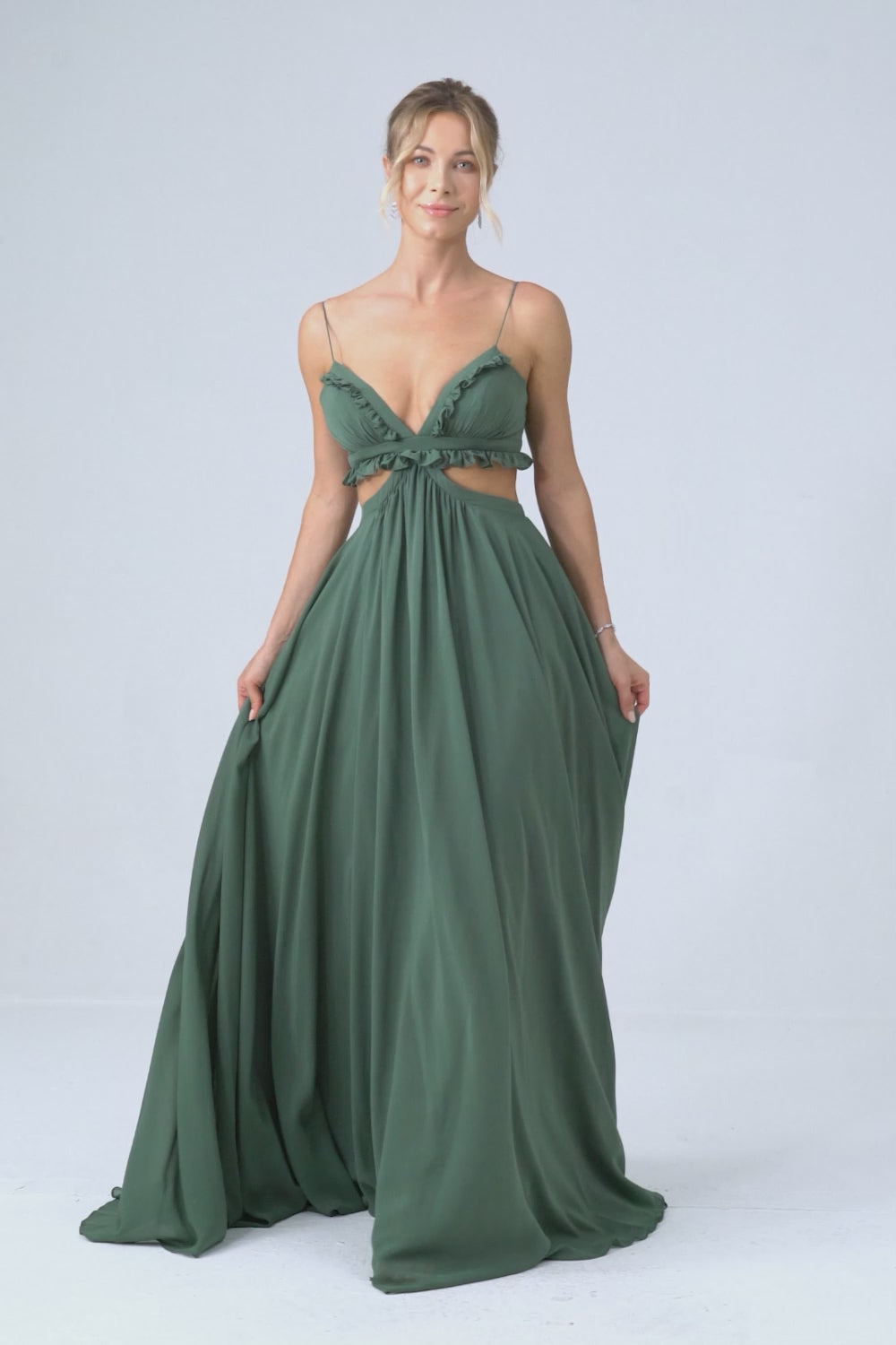 Spaghetti Straps Ruffles Green Hollow-out Long Bridesmaid Dress