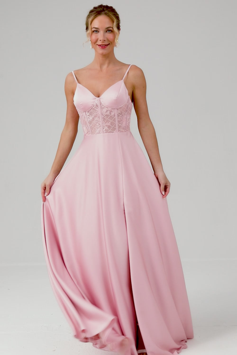 Pink Corset Satin Lace Long Bridesmaid Dress with Slit