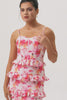 Pink Floral Sheath Ruffled Long Bridesmaid Dress with Slit