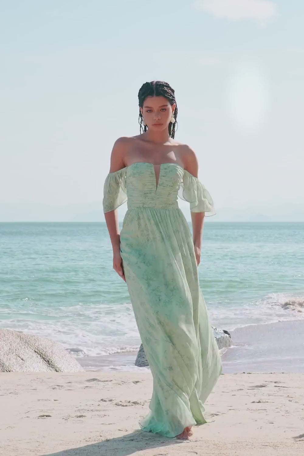 Dusty Sage A Line Off the Shoulder Print Long Prom Dress with Slit