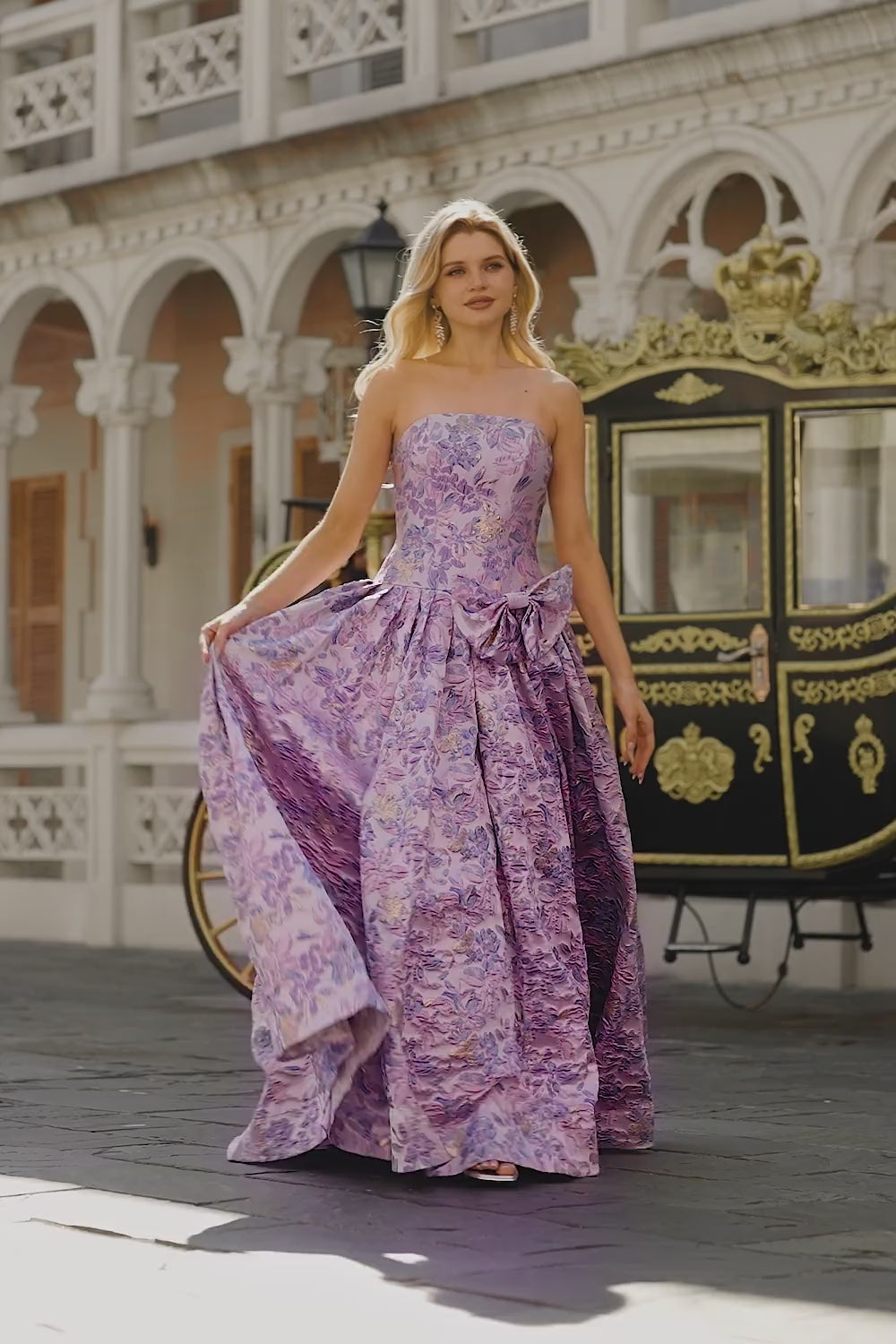 Floral Lilac A Line Jacquard Strapless Long Prom Dress with Bow
