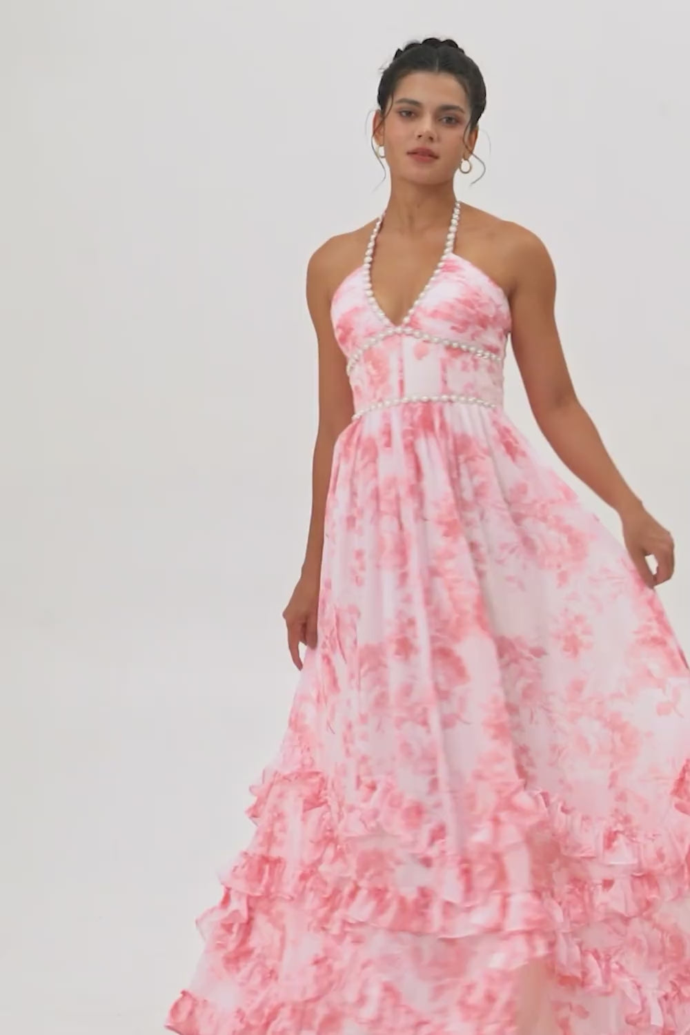 Sparkly Blush Corset Floral Ruffled Pearls Long Bridesmaid Dress with Slit