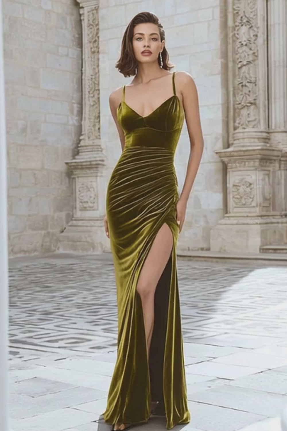 Olive Velvet Mermaid Long Holiday Party Dress with Slit