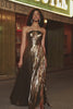 Golden A-Line Spaghetti Straps Pleated Sparkly Prom Dress with Slit