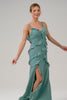 Eucalyptus Sheath Spaghetti Straps Ruffle Long Bridesmaid Dress with Slit