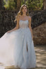 Sparkly Floral Blue A-Line Tulle Long Prom Dress with Detachable Sleeves