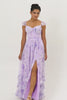 Lavender Floral Corset Ruffled Long Bridesmaid Dress with Slit