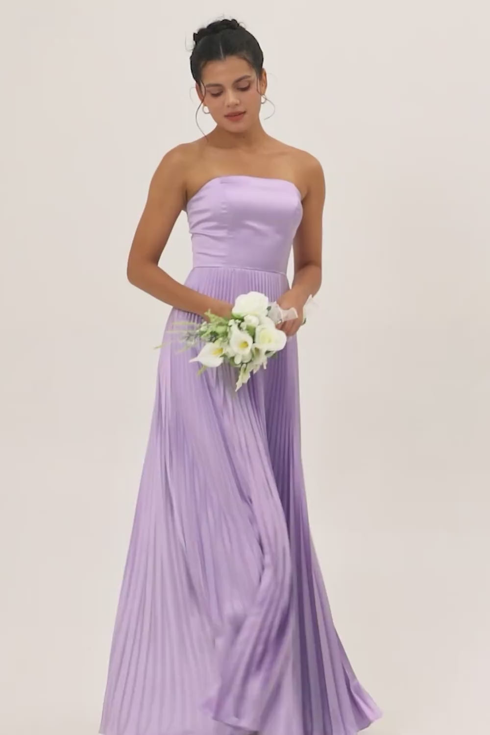 Lilac Strapless A Line Long Bridesmaid Dress with Pleats