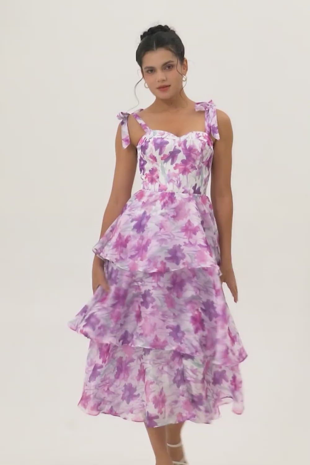 Purple Flower Ruffled A Line Midi Wedding Guest Dress