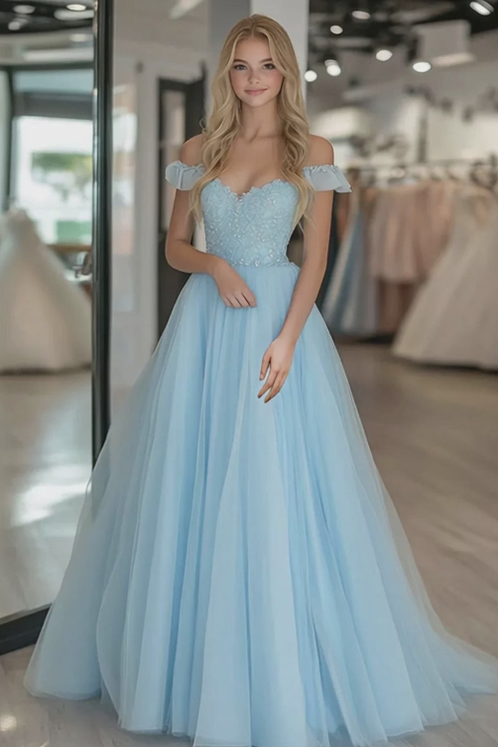 Lace Tulle A Line Sky Blue Off the Shoulder Prom Dress