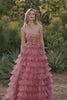 Black Floral Tiered Sweetheart Tulle Long Prom Dress with Bows
