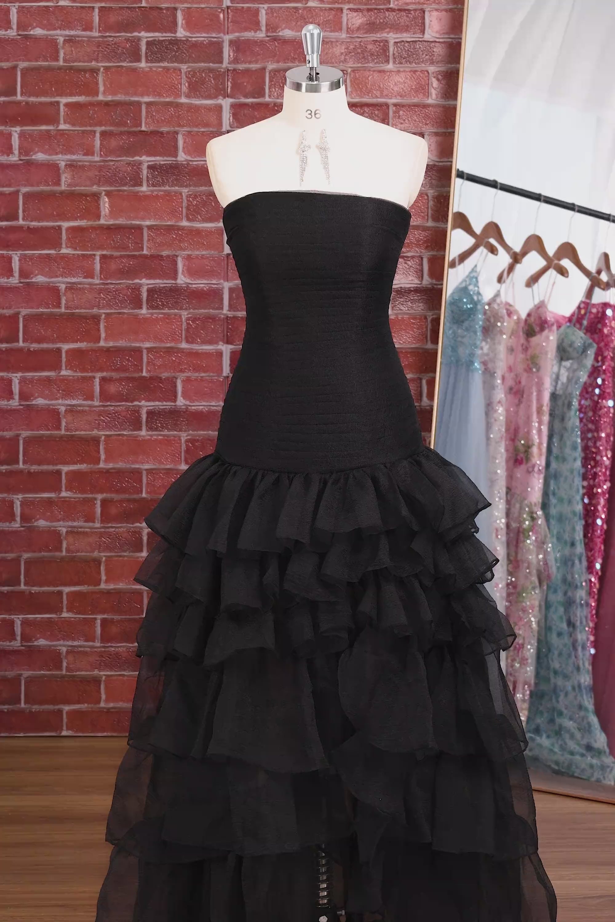 A Line Black Strapless Tiered Formal Dress with Slit