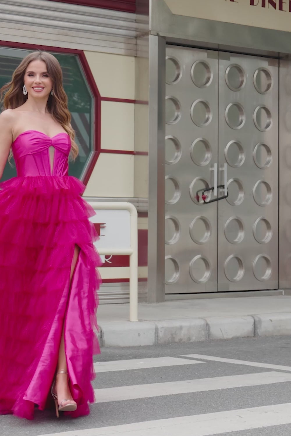 Cute Fuchsia Sweetheart Keyhole Tiered Tulle Long Princess Prom Dresses with Slit