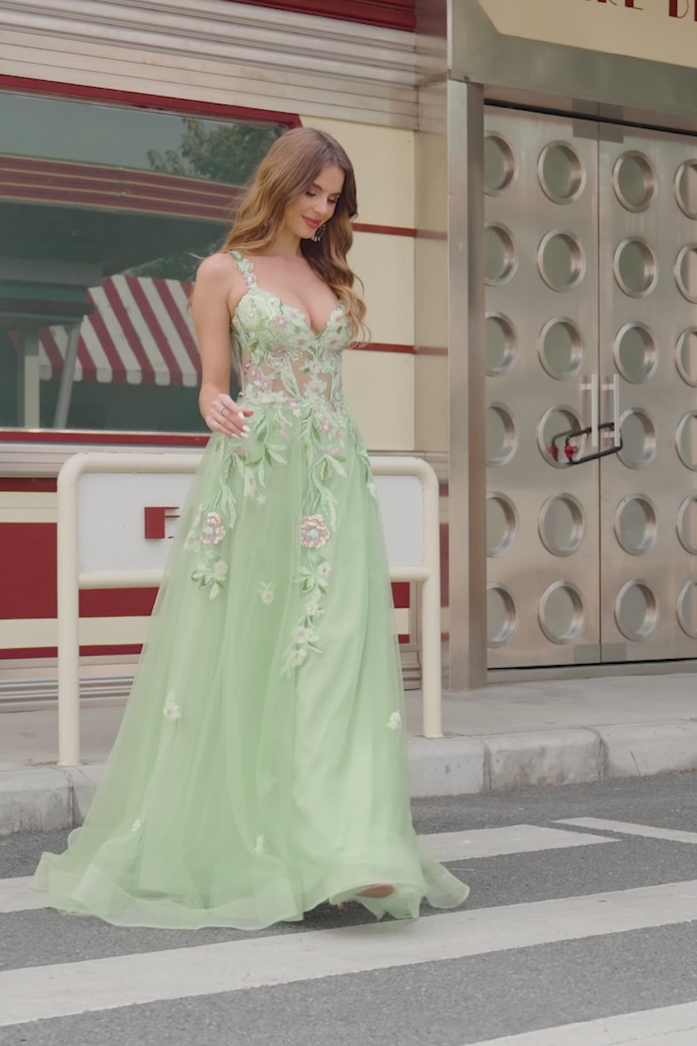 Sparkly Green A Line Sequin Corset Embroidered Long Prom Dress With Slit